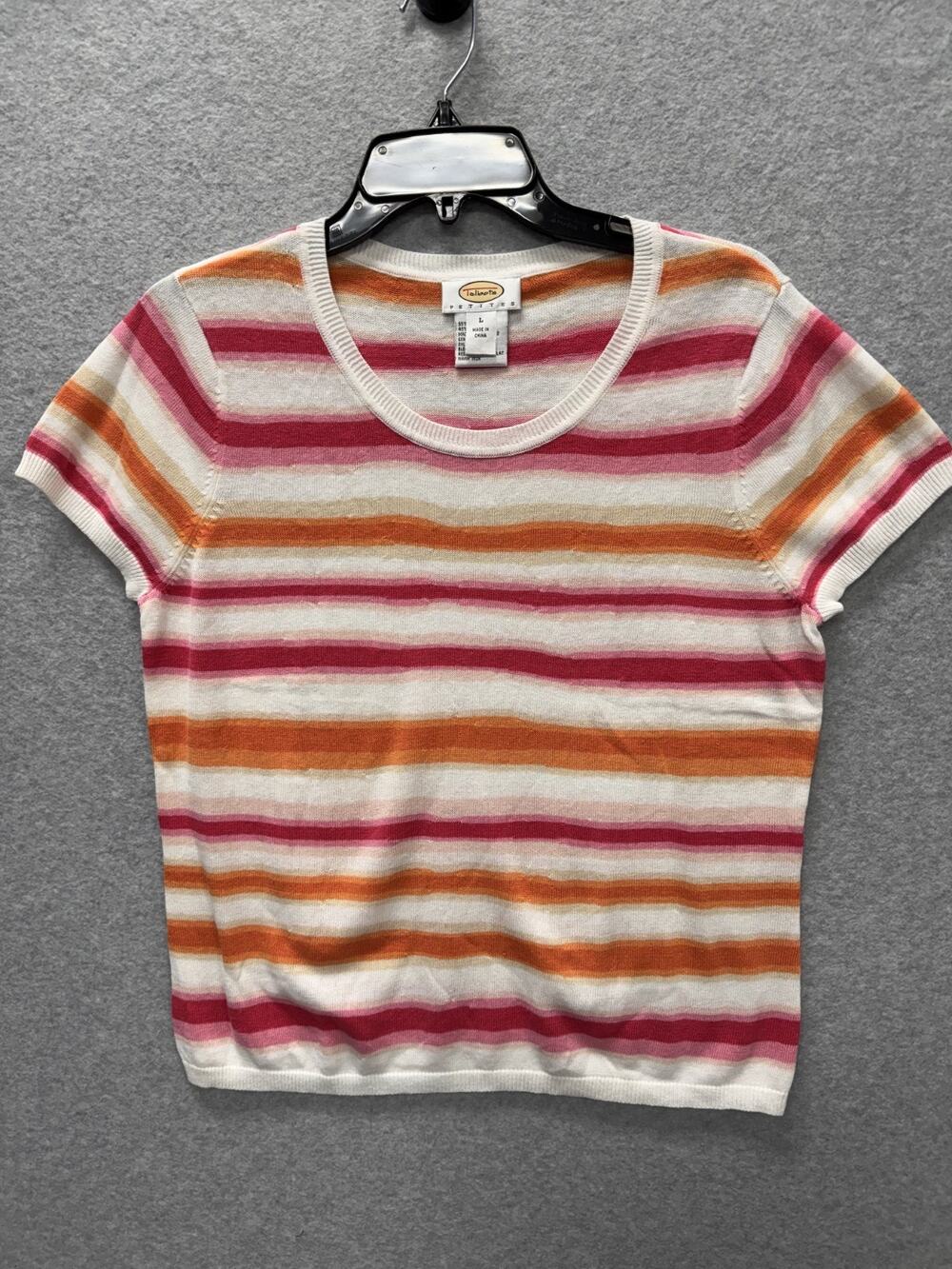 Talbots Striped Knit Sweater Top Womens Short Sleeve Pink Orange White Casual L